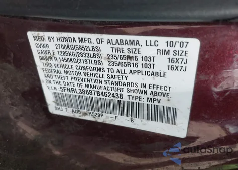 2007 Honda Odyssey Ex-L z USA, uszkodzony, nr VIN 5FNRL38687B462438